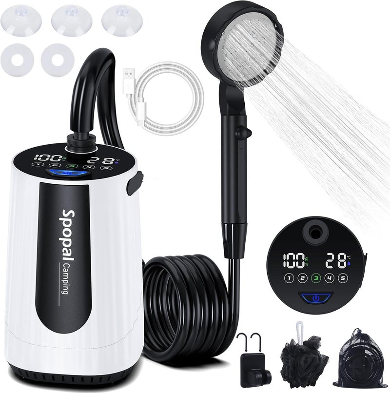 Spopal Portable Shower for Camping, [Upgraded] 10000mAh Rechargeable Camping Shower with 5 Adjustable Speeds,Premium LED Display, IPX8 Waterproof Outdoor Shower Kit for Hiking, Car, Pet, Travel - Image 1